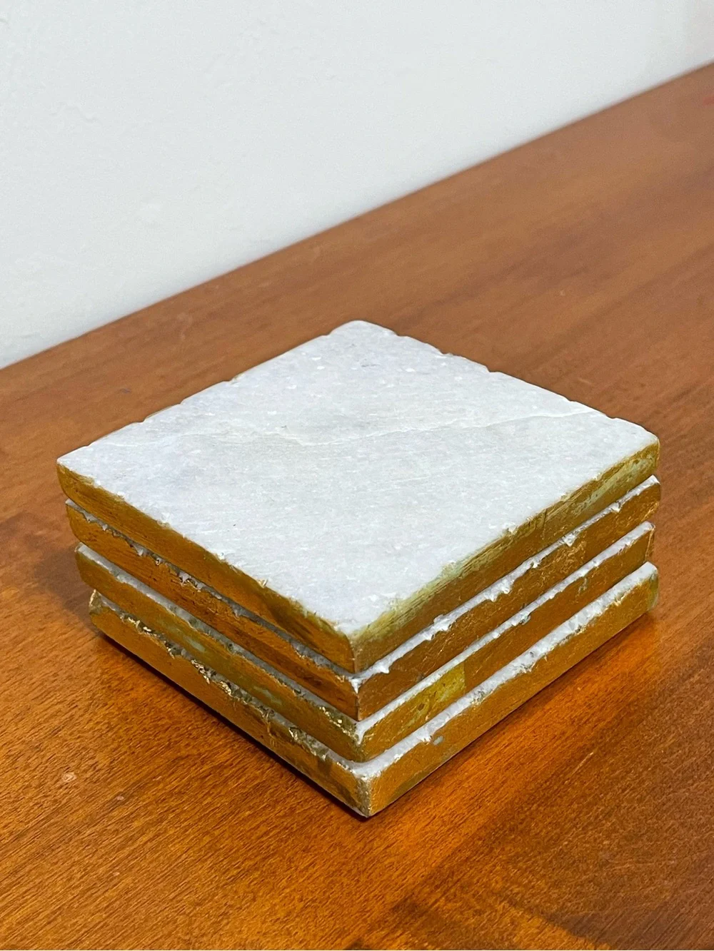 White Natural Stone Marble Sparkle Shimmery Square Coasters Gold Edges 4x4 4 Set